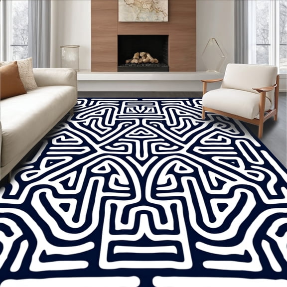 ODIKA 8'x10' Machine Washable Non-Slip Area Rug, Symmetrical Maze Labyrinth Bohemian Artistic Sophisticated High Traffic Rug, Black, 581986
