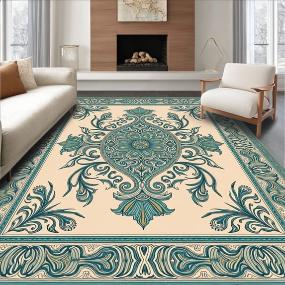 ODIKA 8'x10' Machine Washable Non-Slip Area Rug, showcasing Intricate Paisley Flourishes High Traffic Rug, Beige, 657961