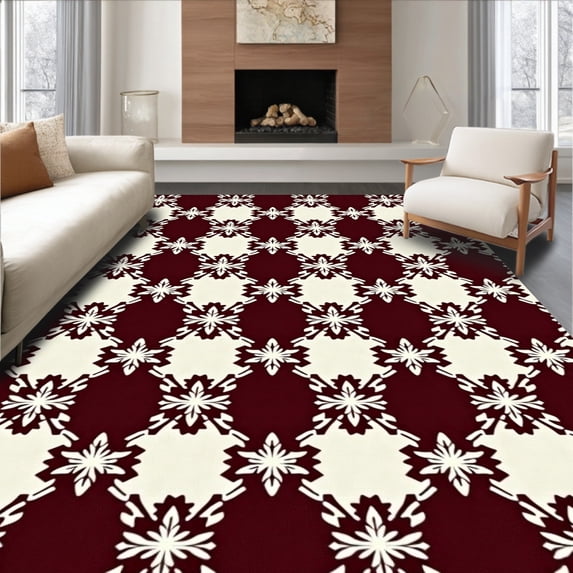 ODIKA 8'x10' Machine Washable Non-Slip Area Rug, Tartan Holiday Interlocking Snowflake Motif Anti Slip High Traffic Rug with Pad, Brown, 614298