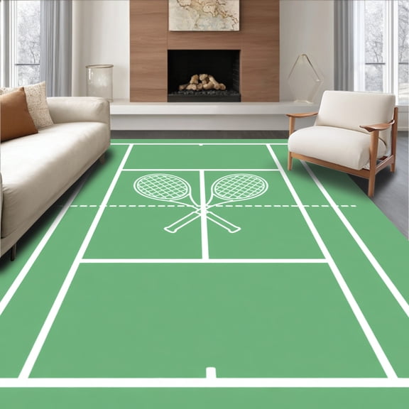 ODIKA 8'x10' Machine Washable Non-Slip Area Rug, Tennis Court Crossed Rackets High Traffic Rug, Green, 841147