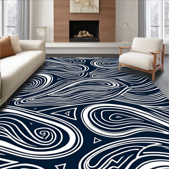 ODIKA 8'x10' Machine Washable Non-Slip Area Rug, Tidal Lattice Wave with Interlocking Nautical Motifs High Traffic Rug, Blue, 716095