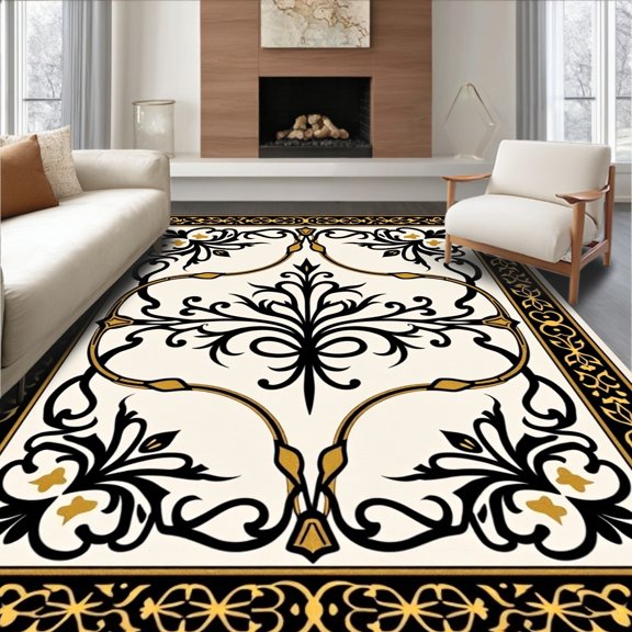 ODIKA 8'x10' Machine Washable Non-Slip Area Rug, Timeless Damask Showcasing Elaborate Leafy Vines and Accents High Traffic Rug, Black, 665797