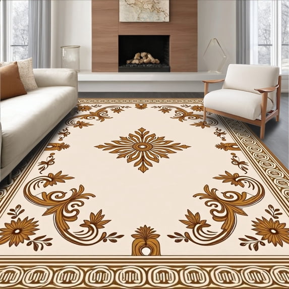ODIKA 8'x10' Machine Washable Non-Slip Area Rug, Timeless Symmetrical High Traffic Rug with Pad, Beige, 517022