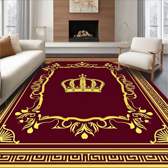 ODIKA 8'x10' Machine Washable Non-Slip Area Rug, Tournament Medallion with Championship Banner Accent High Traffic Rug, Gold, 672370