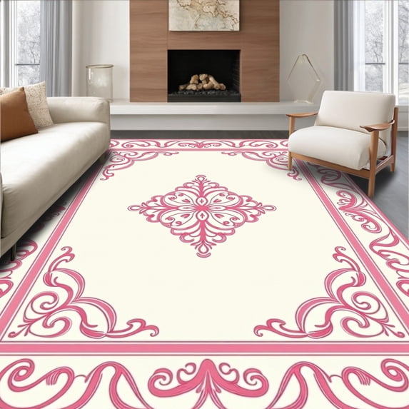 ODIKA 8'x10' Machine Washable Non-Slip Area Rug, Traditional Damask Scroll Embellishment With Heritage Appeal High Traffic Rug with Pad, Pink, 574451