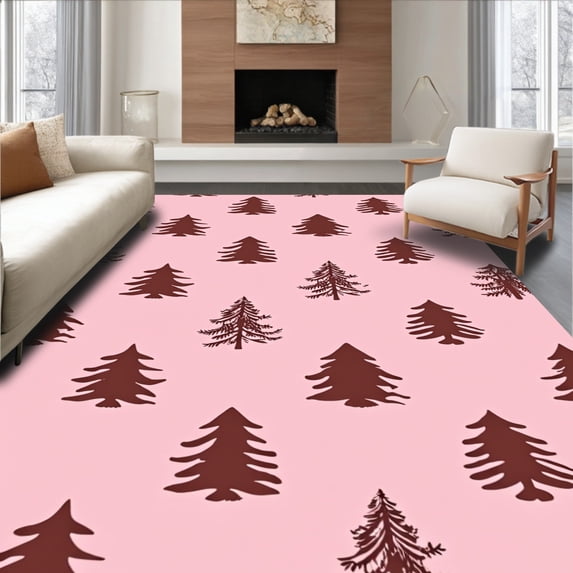 ODIKA 8'x10' Machine Washable Non-Slip Area Rug, Traditional Fir Tree Bath Festive High Traffic Rug, Pink, 653194