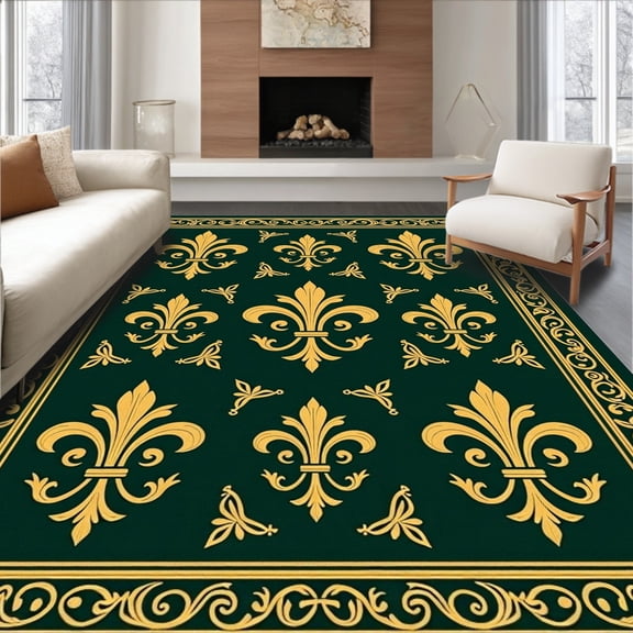 ODIKA 8'x10' Machine Washable Non-Slip Area Rug, Traditional Fleur De Arrangement with Elegant Vine Scrolls High Traffic Rug, Green, 618770