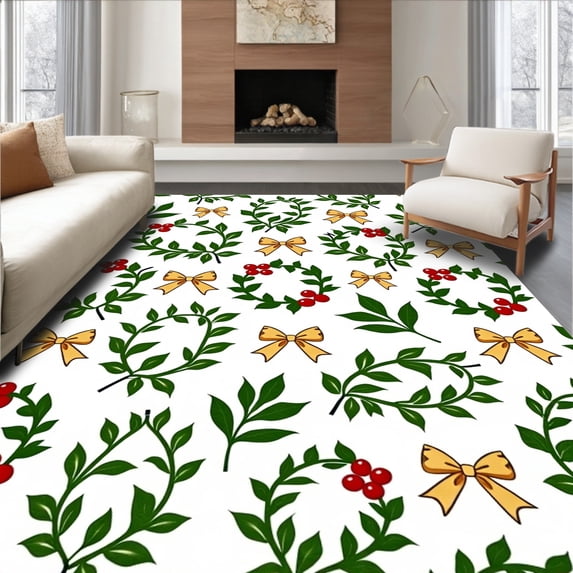 ODIKA 8'x10' Machine Washable Non-Slip Area Rug, Traditional Holly Berry Wreath Vintage Style Celebration High Traffic Rug, Green, 733786