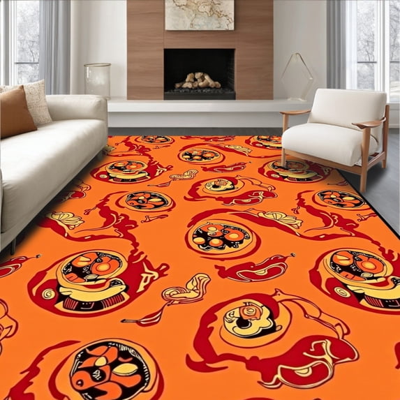 ODIKA 8'x10' Machine Washable Non-Slip Area Rug, Traditional Japanese Food Festival Illustration with Lantern Accents High Traffic Rug with Pad, Orange, 700340