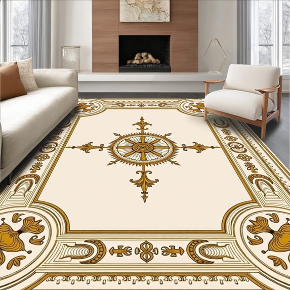 ODIKA 8'x10' Machine Washable Non-Slip Area Rug, Traditional Medallion Ornate Baroque Palatial High Traffic Rug with Pad, Ivory, 658950