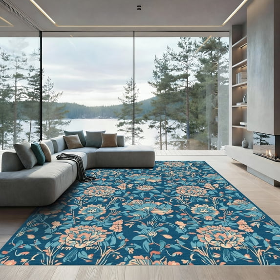ODIKA 8'x10' Machine Washable Non-Slip Area Rug, Traditional Navy Blue High Traffic Rug, Blue, 1079226