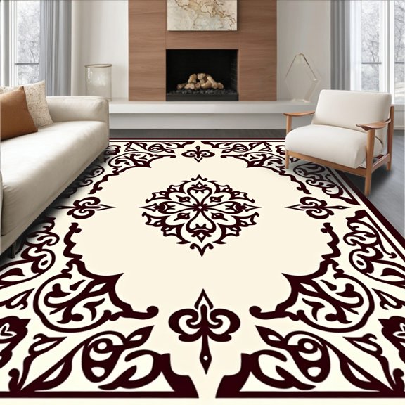 ODIKA 8x10 Machine Washable Non-Slip Area Rug, Traditional Paisley Scroll Motif Non Skid Floor Textile High Traffic Rug, Beige, 554922