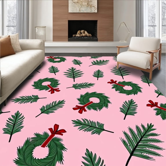 ODIKA 8'x10' Machine Washable Non-Slip Area Rug, Traditional Pine Branch Wreath Motif Holiday Accent High Traffic Rug with Pad, Pink, 612329