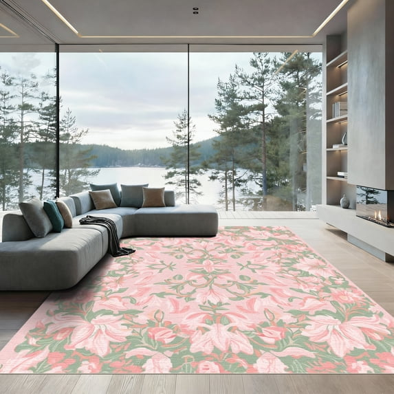 ODIKA 8'x10' Machine Washable Non-Slip Area Rug, Traditional Pink High Traffic Rug with Pad, Pink, 1050481