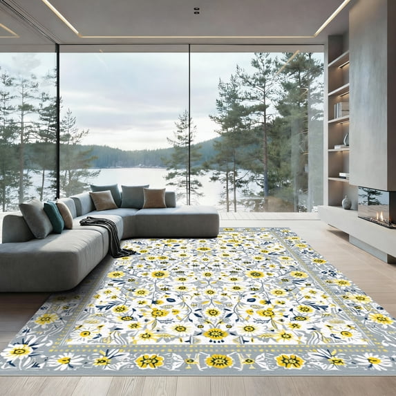 ODIKA 8'x10' Machine Washable Non-Slip Area Rug, Traditional Yellow High Traffic Rug, Yellow, 1030354