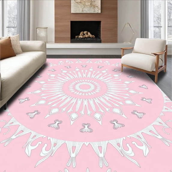 ODIKA 8'x10' Machine Washable Non-Slip Area Rug, Tranquil Radial Flourish Abstract Symmetrical Embellished High Traffic Rug, Pink, 548535