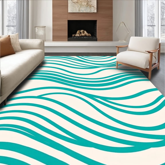 ODIKA 8'x10' Machine Washable Non-Slip Area Rug, Tranquil Seafoam Wave Minimalist Elegant Chic Modern Stylish High Traffic Rug, Teal, 488693