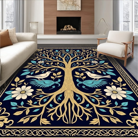 ODIKA 8'x10' Machine Washable Non-Slip Area Rug, Tree of Life Aviary Canvas with Flourishing Botanical and Ensemble High Traffic Rug with Pad, Gold, 477896