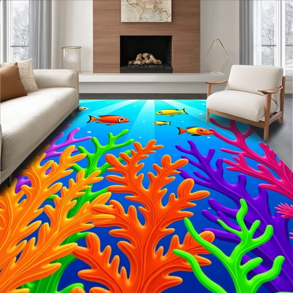 ODIKA 8'x10' Machine Washable Non-Slip Area Rug, Tropical Fish Coral Reef Marine Life Seascape High Traffic Rug, Blue, 712620