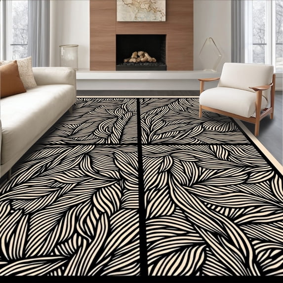 ODIKA 8'x10' Machine Washable Non-Slip Area Rug, Tropical Foliage Lattice Abstract Contemporary Artistic High Traffic Rug, Black, 718371