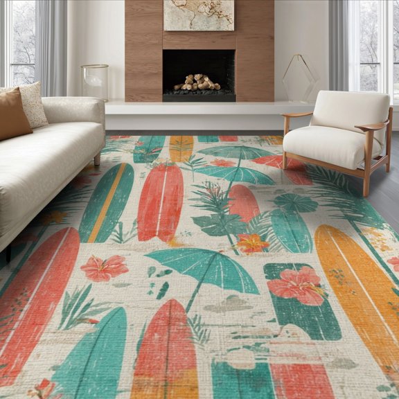 ODIKA 8'x10' Hawaiian Surf Retro Beach Scene Beige Washable Area Rug Non-Shedding, Easy Care, for King Size Bedroom Under Bed, Master Suite
