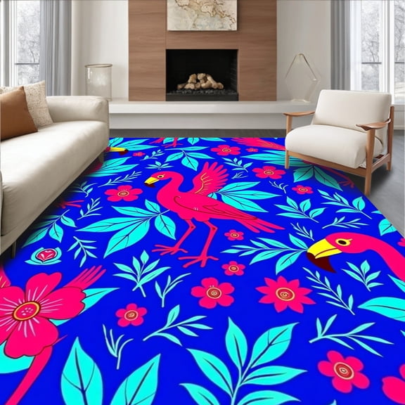 ODIKA 8'x10' Machine Washable Non-Slip Area Rug, Tropical Parrot Toucan Flamingo Exotic Birds High Traffic Rug, Blue, 723436