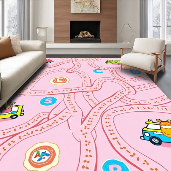 ODIKA 8'x10' Machine Washable Non-Slip Area Rug, Vehicle Pathway Knowledge Development Featuring Alphabet High Traffic Rug, Pink, 695231