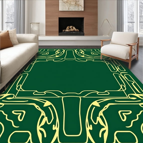 ODIKA 8'x10' Machine Washable Non-Slip Area Rug, Velvet Arcade Pathways with Interlocking Signal High Traffic Rug with Pad, Green, 598698