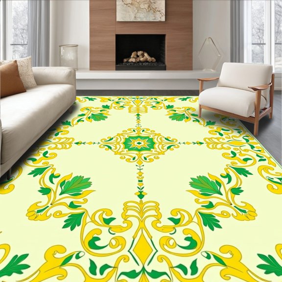 ODIKA 8'x10' Machine Washable Non-Slip Area Rug, Victorian Filigree Scrollwork with Flourishing Botanical Details High Traffic Rug, Yellow, 665468