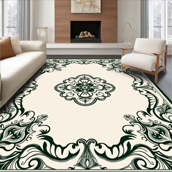 ODIKA 8'x10' Machine Washable Non-Slip Area Rug, Victorian Medallion Scrollwork Interlocking Floral Motifs High Traffic Rug, Green, 546908