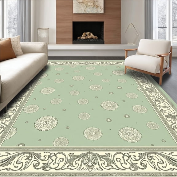 ODIKA 8'x10' Machine Washable Non-Slip Area Rug, Victorian Scroll Featuring Stylized Rosette and Interlaced Fretwork High Traffic Rug, Green, 665856