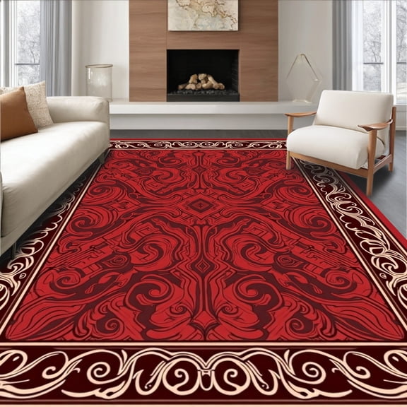 ODIKA 8'x10' Machine Washable Non-Slip Area Rug, Vintage Baroque Scrollwork Herringbone Artisan High Traffic Rug, Red, 475024