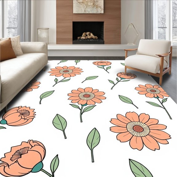 ODIKA 8'x10' Machine Washable Non-Slip Area Rug, Vintage Bloom Yarn Embroidery Handicraft Supply High Traffic Rug, Orange, 642761