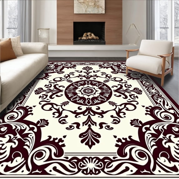 ODIKA 8'x10' Machine Washable Non-Slip Area Rug, Vintage Damask Design High Traffic Rug with Pad, Brown, 354234