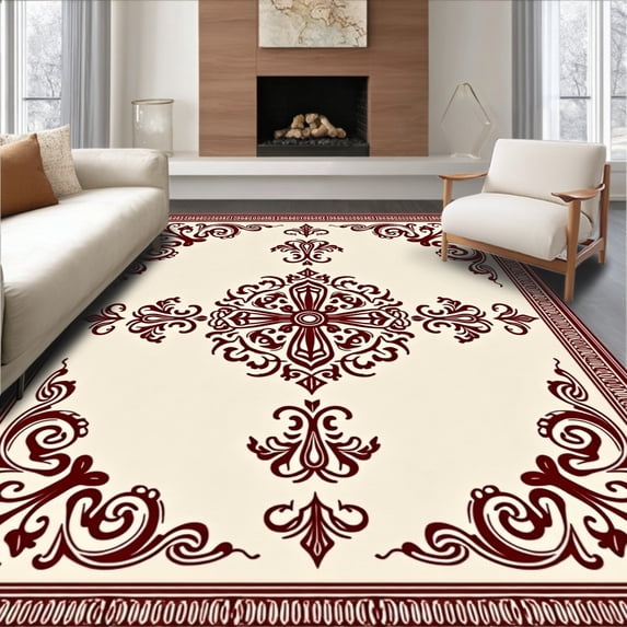 ODIKA 8'x10' Machine Washable Non-Slip Area Rug, Vintage Damask Scroll Classic Interior Textile with Ornate Details High Traffic Rug with Pad, Beige, 590415