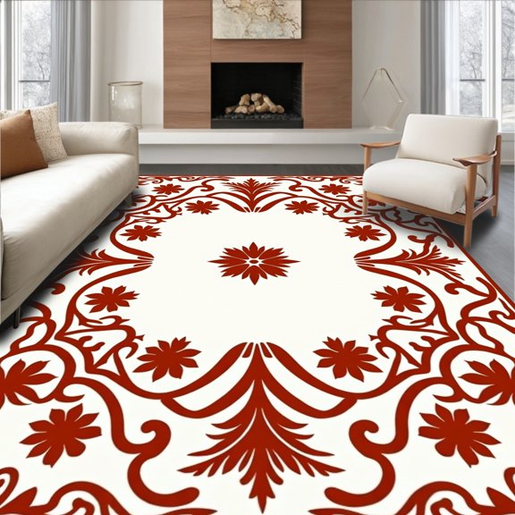 ODIKA 8x10 Machine Washable Non-Slip Area Rug, Vintage Damask Scrollwork with Baroque Vine Embellishment High Traffic Rug, Red, 713599