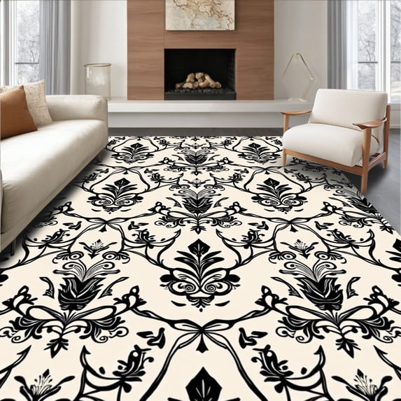 ODIKA 8'x10' Machine Washable Non-Slip Area Rug, Vintage Damask Scrollwork with Classical Ornamental Filigree Motifs High Traffic Rug, Black, 525853