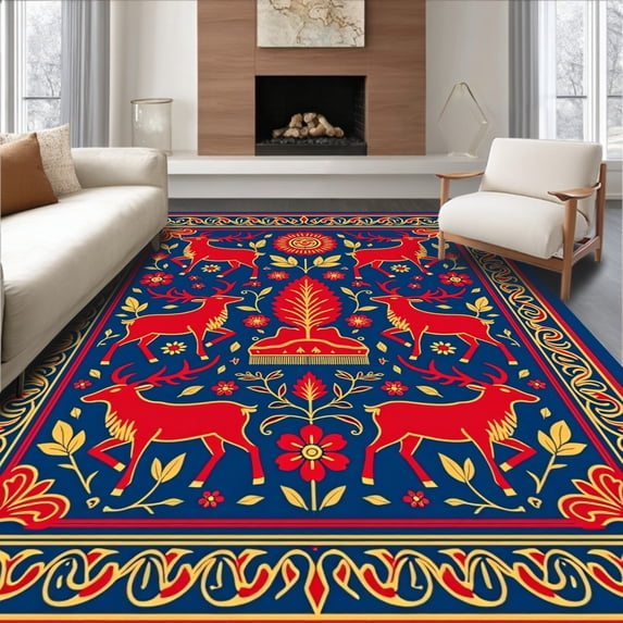 ODIKA 8'x10' Machine Washable Non-Slip Area Rug, Vintage Elk with Intricate Folk Art Motifs High Traffic Rug with Pad, Blue, 509242