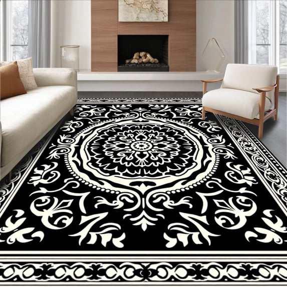 ODIKA 8'x10' Machine Washable Non-Slip Area Rug, Vintage Floral Damask Heritage High Traffic Rug, Black, 526063
