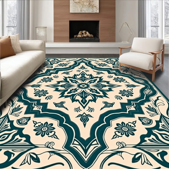 ODIKA 8'x10' Machine Washable Non-Slip Area Rug, Vintage Floral Lattice with Interlocking Blooms Design High Traffic Rug, Ivory, 559024