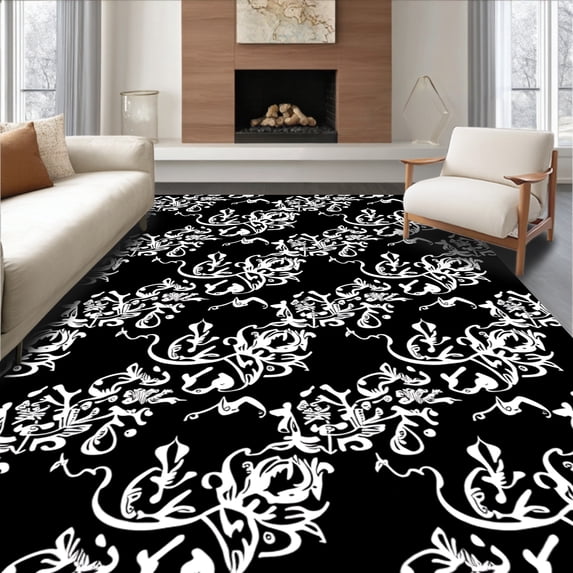 ODIKA 8'x10' Machine Washable Non-Slip Area Rug, Vintage Holiday and Frosted Pinecone Patterned Floor Coverings High Traffic Rug with Pad, Black, 626338