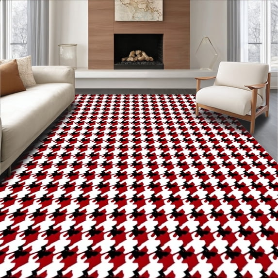 ODIKA 8'x10' Machine Washable Non-Slip Area Rug, Vintage Holiday Houndstooth with Contemporary Checkered Accents High Traffic Rug with Pad, Red, 610583