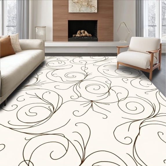 ODIKA 8x10 Machine Washable Non-Slip Area Rug, Vintage Inspired Scrollwork with Swirling Leaves and Subtle Blossom Accents High Traffic Rug with Pad, Brown, 552932