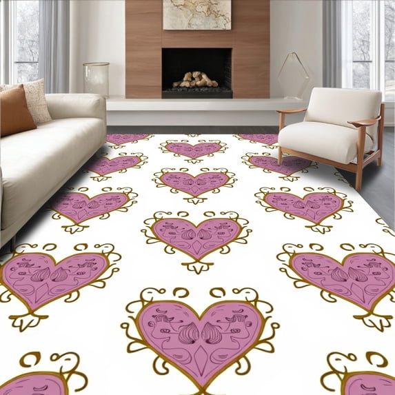 ODIKA 8'x10' Machine Washable Non-Slip Area Rug, Vintage Love Emblem Featuring Ornate High Traffic Rug, Pink, 741026