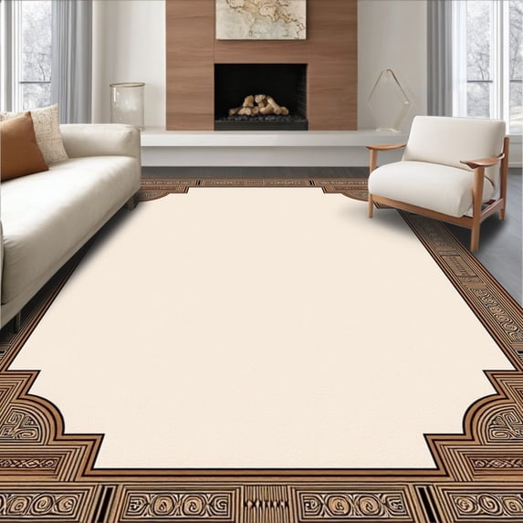 ODIKA 8'x10' Machine Washable Non-Slip Area Rug, Vintage Medallion Boho Shag with Intricate Border Details High Traffic Rug with Pad, Beige, 660916