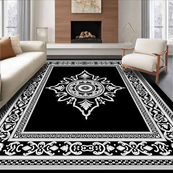 ODIKA 8'x10' Machine Washable Non-Slip Area Rug, Vintage Medallion with Ornate Border Design Contemporary Floor Covering High Traffic Rug with Pad, Black, 598779