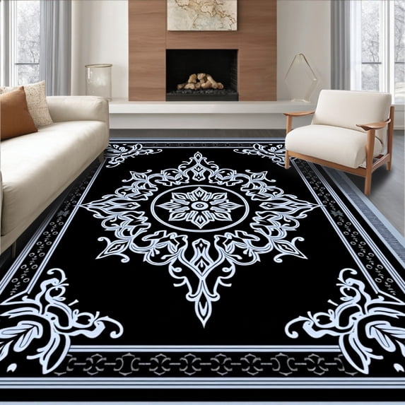 ODIKA 8'x10' Machine Washable Non-Slip Area Rug, Vintage Medallion Plush with Classic Style Motifs High Traffic Rug with Pad, Black, 594057