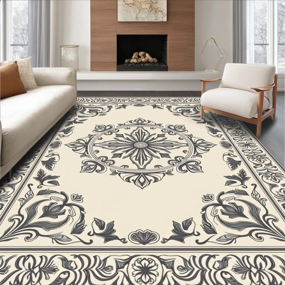 ODIKA 8'x10' Machine Washable Non-Slip Area Rug, Vintage Medallion Shag with Ornate Botanical Flourishes High Traffic Rug with Pad, Ivory, 660491