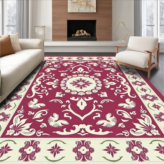 ODIKA 8'x10' Machine Washable Non-Slip Area Rug, Vintage Medallion with Distressed Watercolor Details High Traffic Rug with Pad, Red, 600166