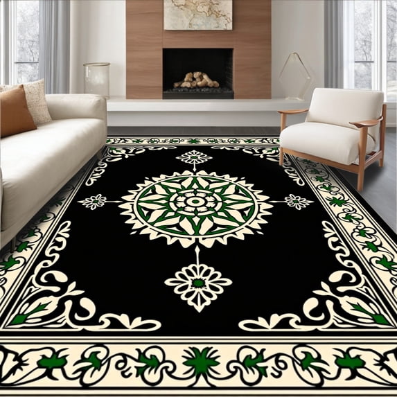 ODIKA 8'x10' Machine Washable Non-Slip Area Rug, Vintage Oriental Medallion With Intricate Floral Frames And Scrollwork High Traffic Rug with Pad, Black, 567710